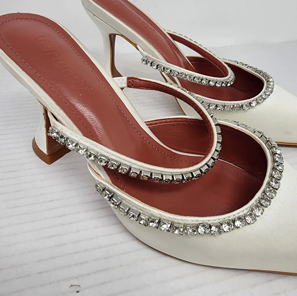 New‎ White Satin Rhinestone Heels Elegant  Mule Stiletto Pumps Wedding Party 7.5 - Picture 3 of 9